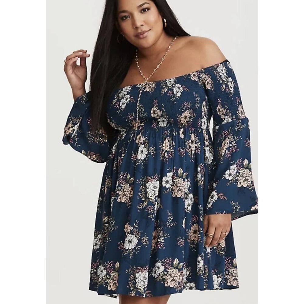 Off-Shoulder Navy Floral Smocked Waist Dress